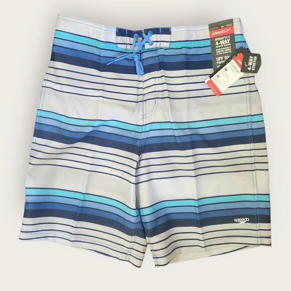 Speedo Swim Trunks Men's Sz XL Blue Gray Striped Design Mesh Lined Stretch NWT - Picture 2 of 5